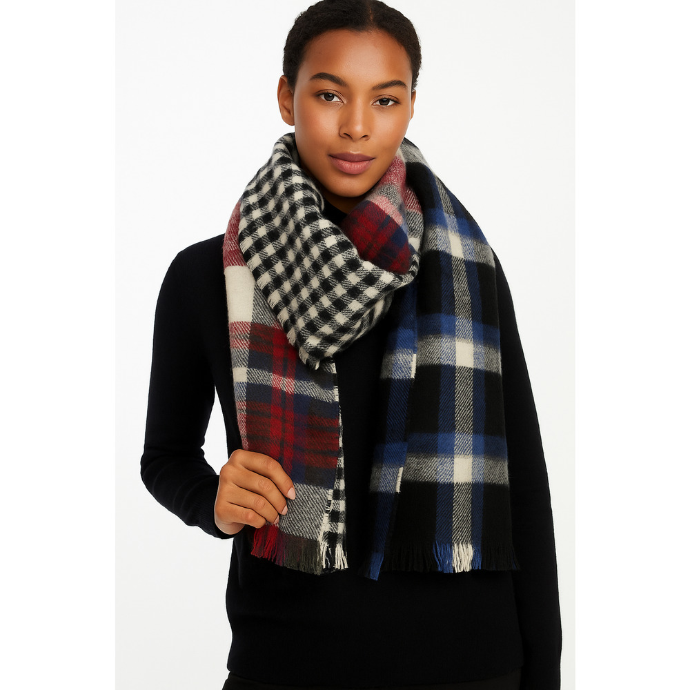 Steve Madden Multi Plaid Fringe Scarf 28” X 76" Reversible Patchwork Winter